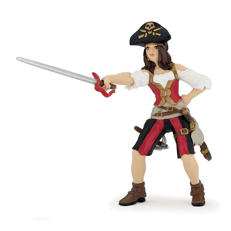 Papo Pirat kvinna handmålad piratfigur med svärd, 9 x 3 x 10 cm, leksaksfigur från 3 år.