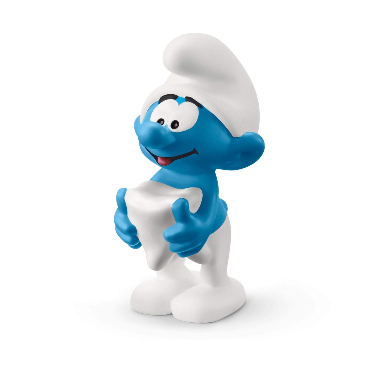 Schleich Smurf med tand – handmålad blå figur som håller en stor vit tand.