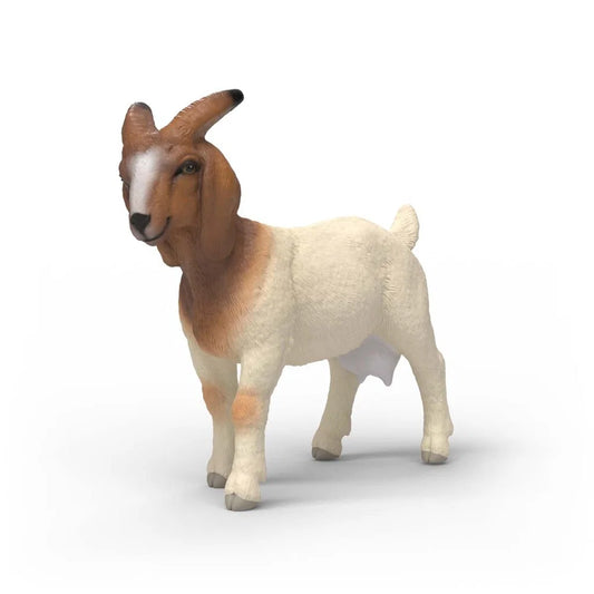 Schleich Boerget figur med vit päls, brunt huvud och långa öron, realistisk modell av boerget på bondgård.