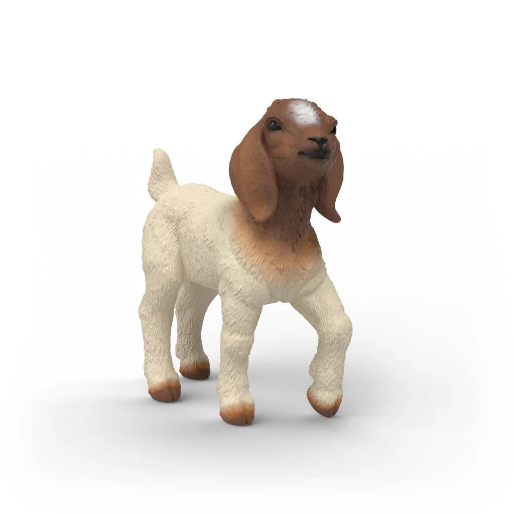Schleich Boerget figur med vit päls, brunt huvud och långa öron, realistisk modell av killing på bondgård.