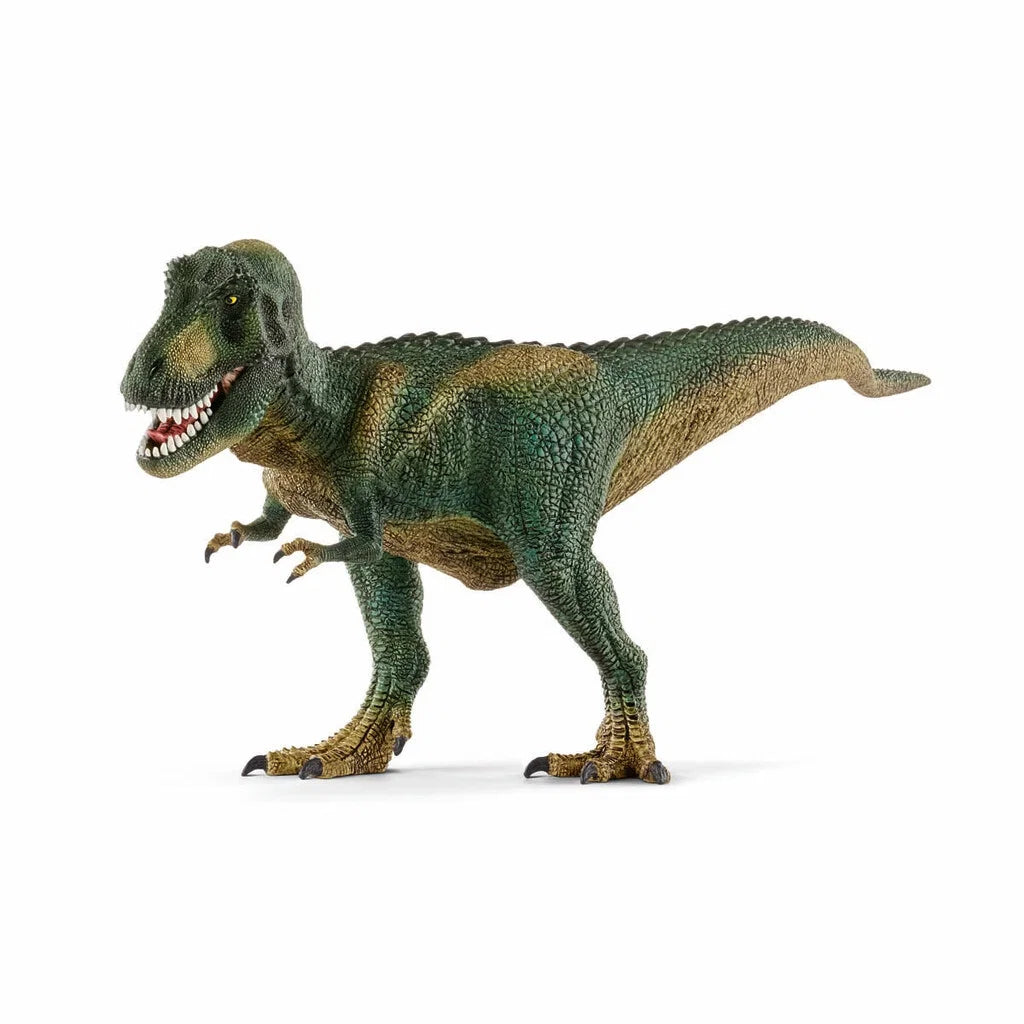Schleich Tyrannosaurus rex figur med öppna käkar och detaljerad hudstruktur, realistisk modell av den berömda dinosaurien.