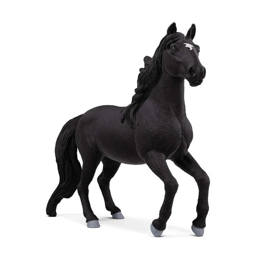 Schleich Lusitano hingst figur med svart päls och lång man, realistisk modell av portugisisk häst i stegrande pose.