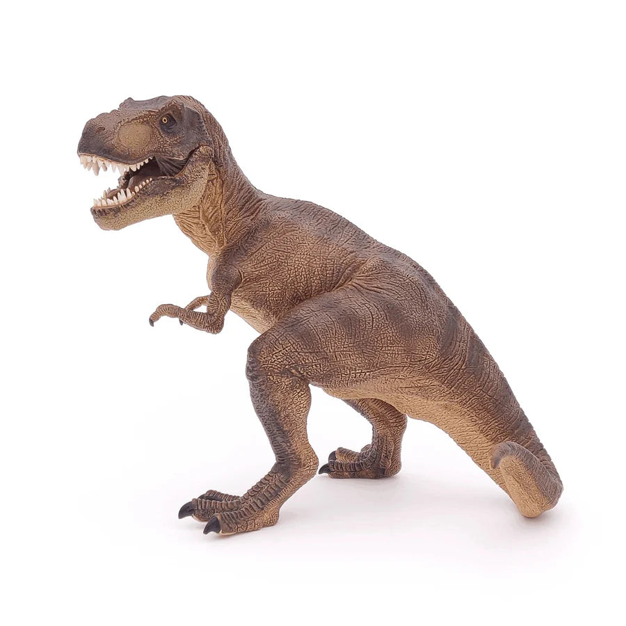 Papo Tyrannosaurus Rex figur med öppen käke och detaljerad hud, realistisk modell av stor köttätande dinosaurie.