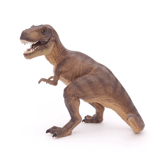 Papo Tyrannosaurus Rex figur med öppen käke och detaljerad hud, realistisk modell av stor köttätande dinosaurie.