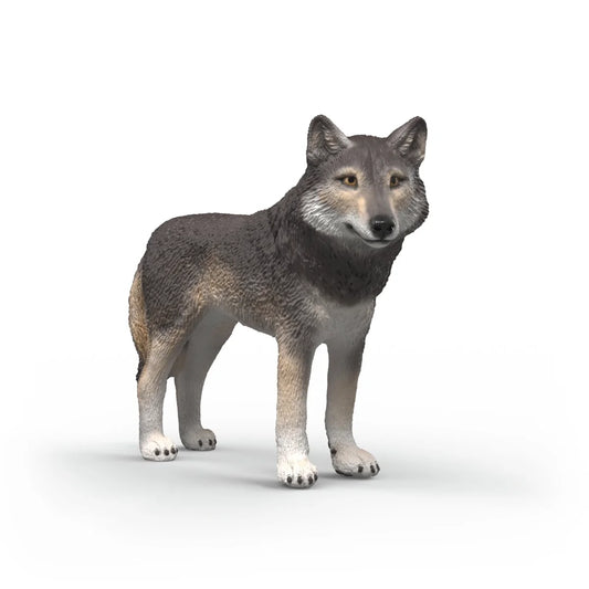 Schleich gråvarg figur med grå päls och vaksam hållning, realistisk modell av varg i naturen.