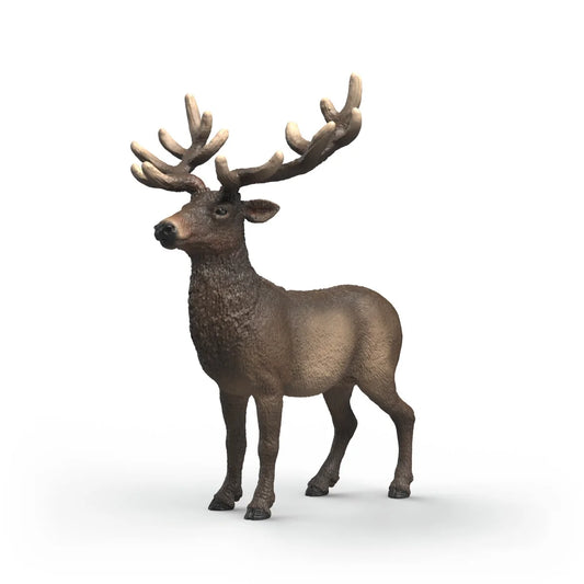 Schleich vapiti figur med stora horn och rödbrun päls, realistisk modell av hjortdjur i skogsmiljö.