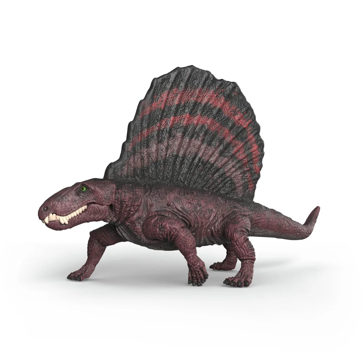 Schleich Dimetrodon figur med rödsvart ryggsegel och öppen mun, realistisk modell av förhistoriskt djur.