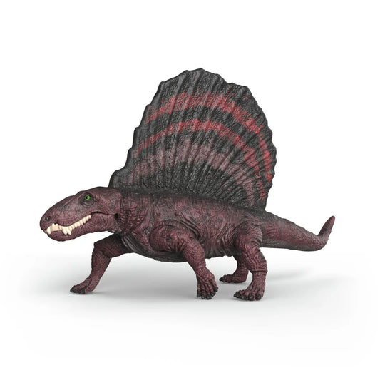 Schleich Dimetrodon figur med rödsvart ryggsegel och öppen mun, realistisk modell av förhistoriskt djur.
