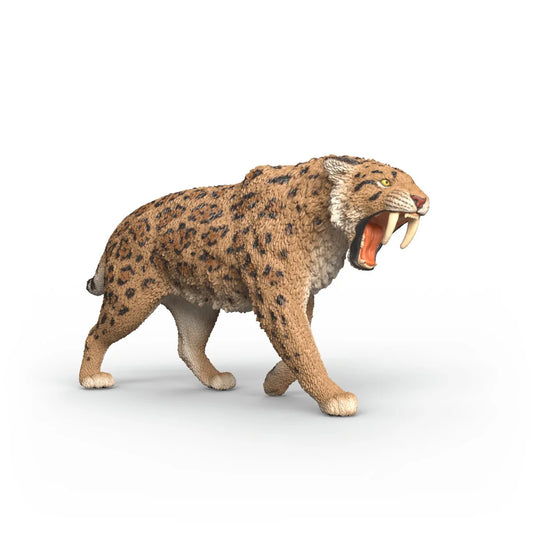 Schleich Smilodon figur med långa hörntänder och brunfläckig päls, realistisk modell av sabeltandad tiger.