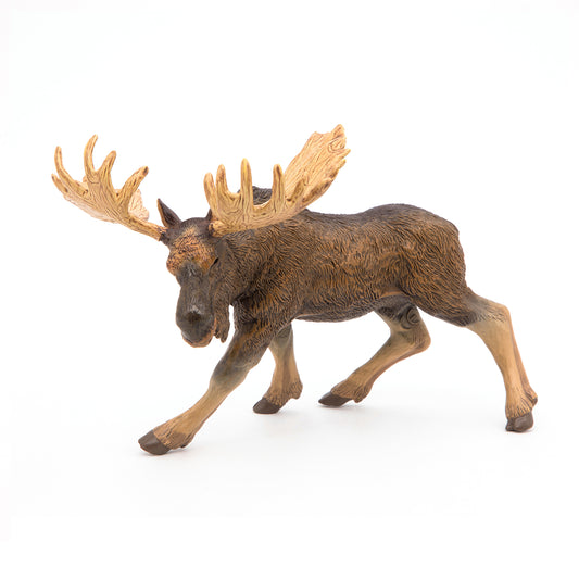 Papo älg tjur figur med stora skovelhorn, realistisk modell av älg i naturlig stående position.