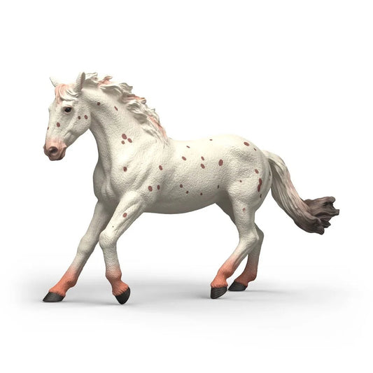 Schleich Knabstrupper sto figur med vit päls och bruna prickar, realistisk modell av dansk hästras i galopp.