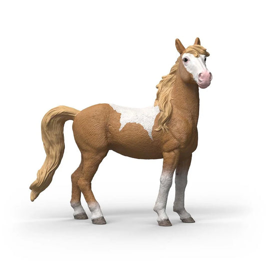 Schleich Mustang sto figur med vitbrun päls och ljus man, realistisk modell av mustanghäst på prärien.