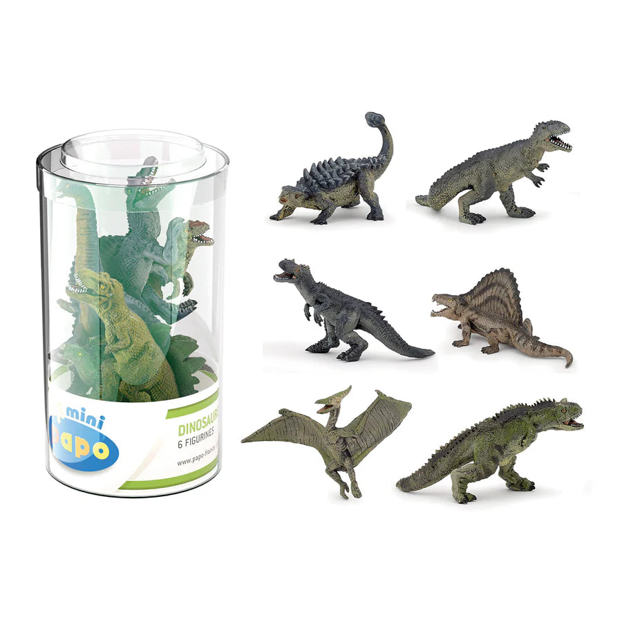 Papo mini dinosaurier set med 6 figurer inklusive T-rex liknande dinosaurier och flygödla i detaljrik design.