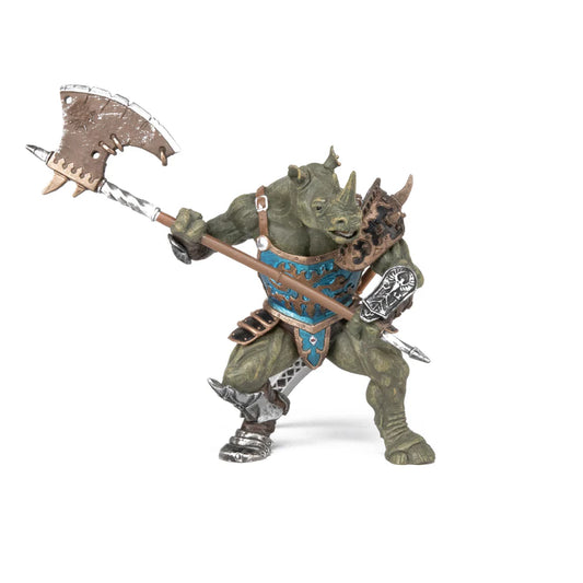 Papo noshörningsmutant figur med rustning och stor yxa, detaljrik fantasykrigare med horn.