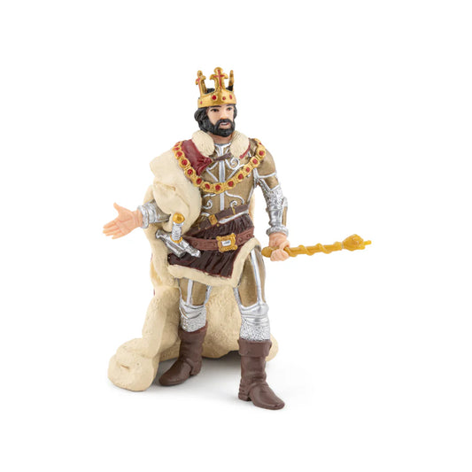 Handmålad Papo-figur av Kung Ivan i guldrustning med krona, mantel och spira.