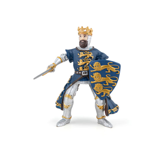 Handmålad Papo Kung Richard Lejonhjärta i blå rustning på häst, detaljrik riddarfigur redo för strid och äventyr.