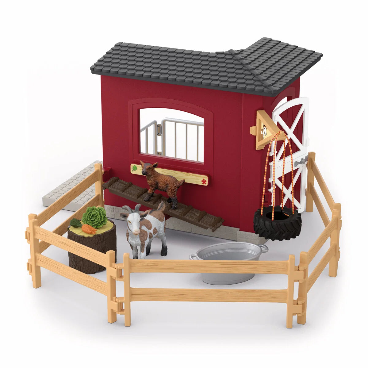 Schleich Getstall med get, killing, rött stall, staket, gungbräda och gårdstillbehör från FARM WORLD.
