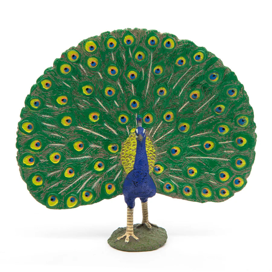 Handmålad Papo påfågel med färgstark fjäderdräkt och gräsbas, realistisk djurfigur för lek och samling.