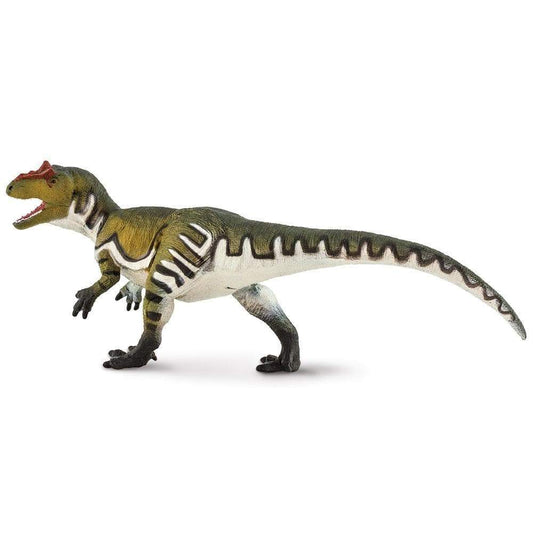 Handmålad Allosaurus-figur i gående pose med öppen mun och upphöjd svans, detaljerad med ögonkammar och klor.
