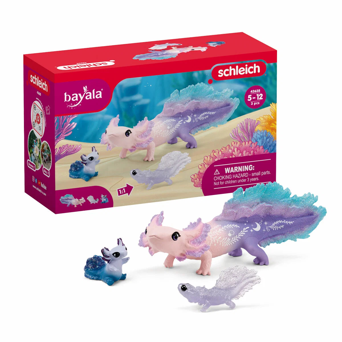 Schleich axolotl set med tre färgglada figurer med glitter och genomskinliga fenor från BAYALA.