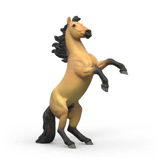 Schleich Mustang hingst stegrande med svart man och brun päls, realistisk modell av vildhäst i rörelse.