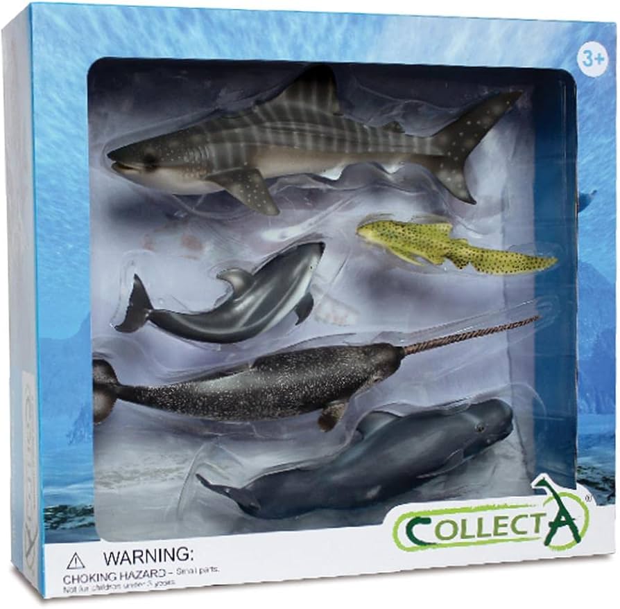 CollectA havsdjur presentbox med valhaj, sebrahaj, narval, stillahavsvitsiding och grindval i förpackning.