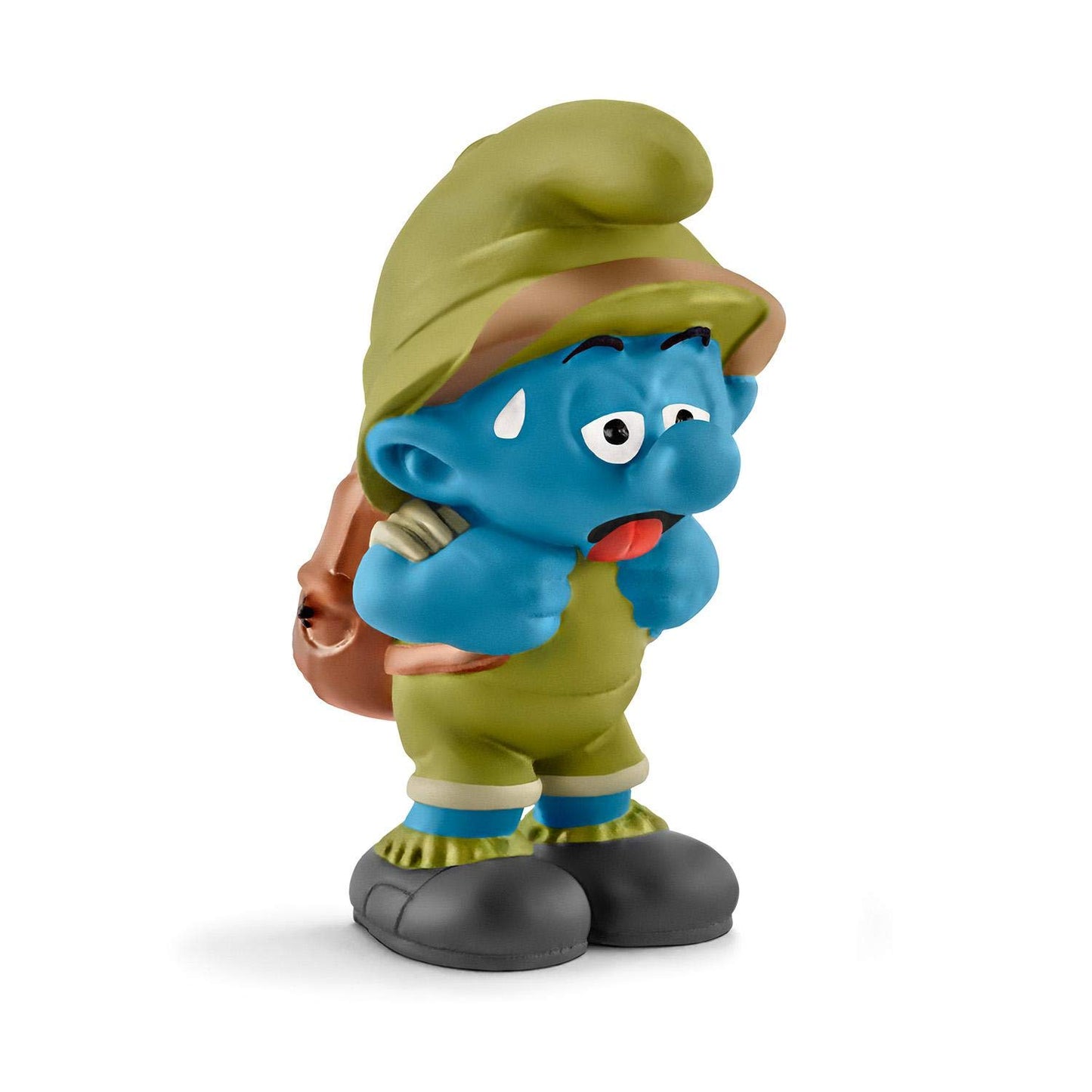 Schleich Djungelsmurfen Utmattad (20779) med grön safarihatt, ryggsäck och trött ansiktsuttryck, handmålad figur från The Smurfs™ Collection.