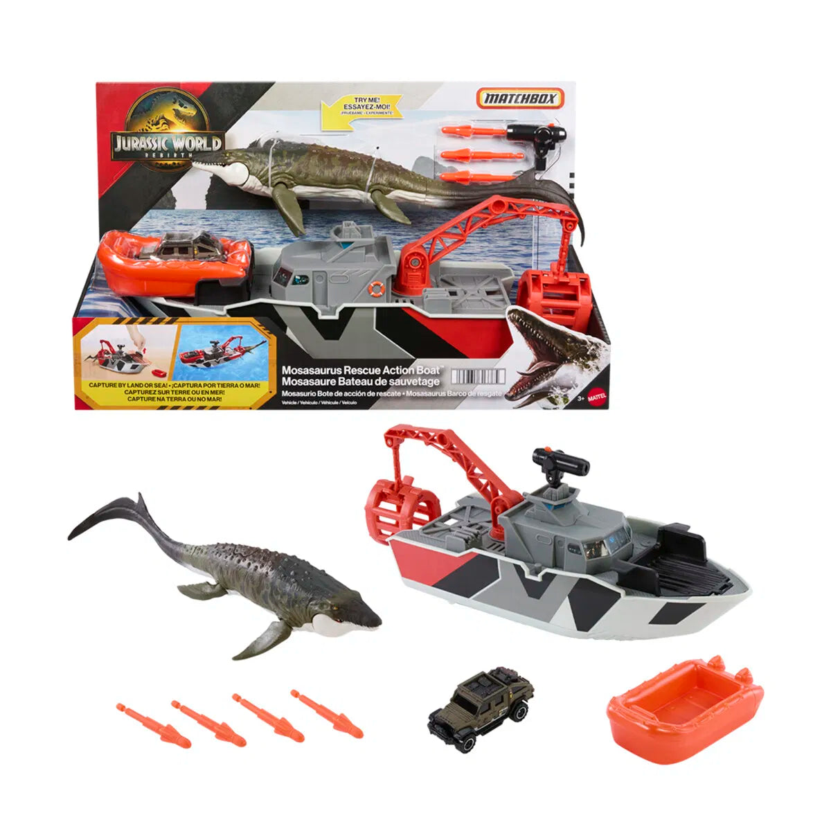 "Jurassic World Rebirth Mosasaurus Rescue Action Boat med vinsch, harpuner och 33 cm Mosasaurus"