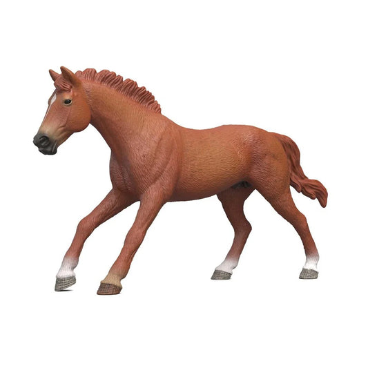 Schleich Engelskt Fullblod figur med kastanjebrun päls och ljus man, realistisk modell av kapplöpningshäst.