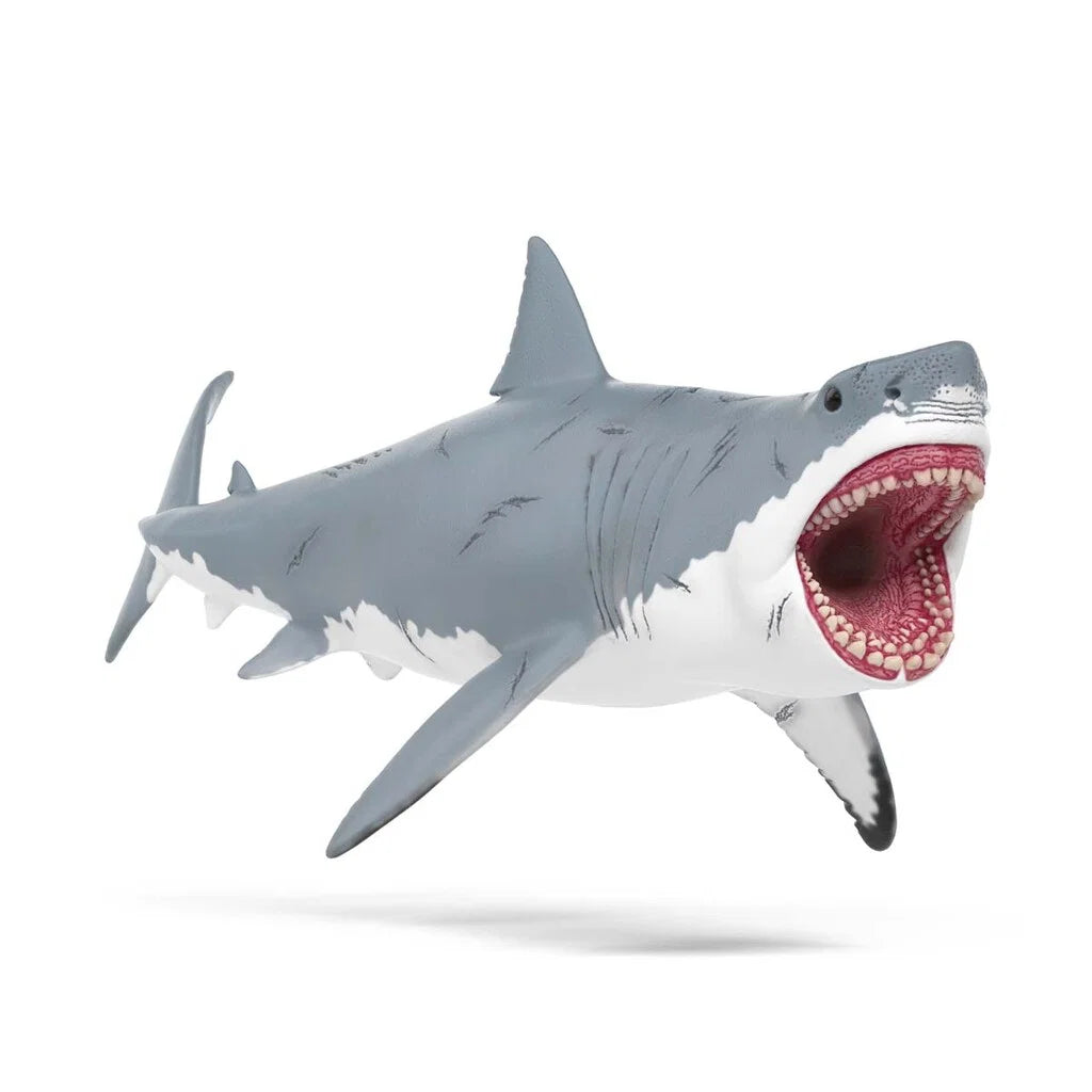 Schleich Megalodon figur med grå ärrad hud, öppet gap och stora hajtänder, realistisk modell från DINOSAURS-serien.