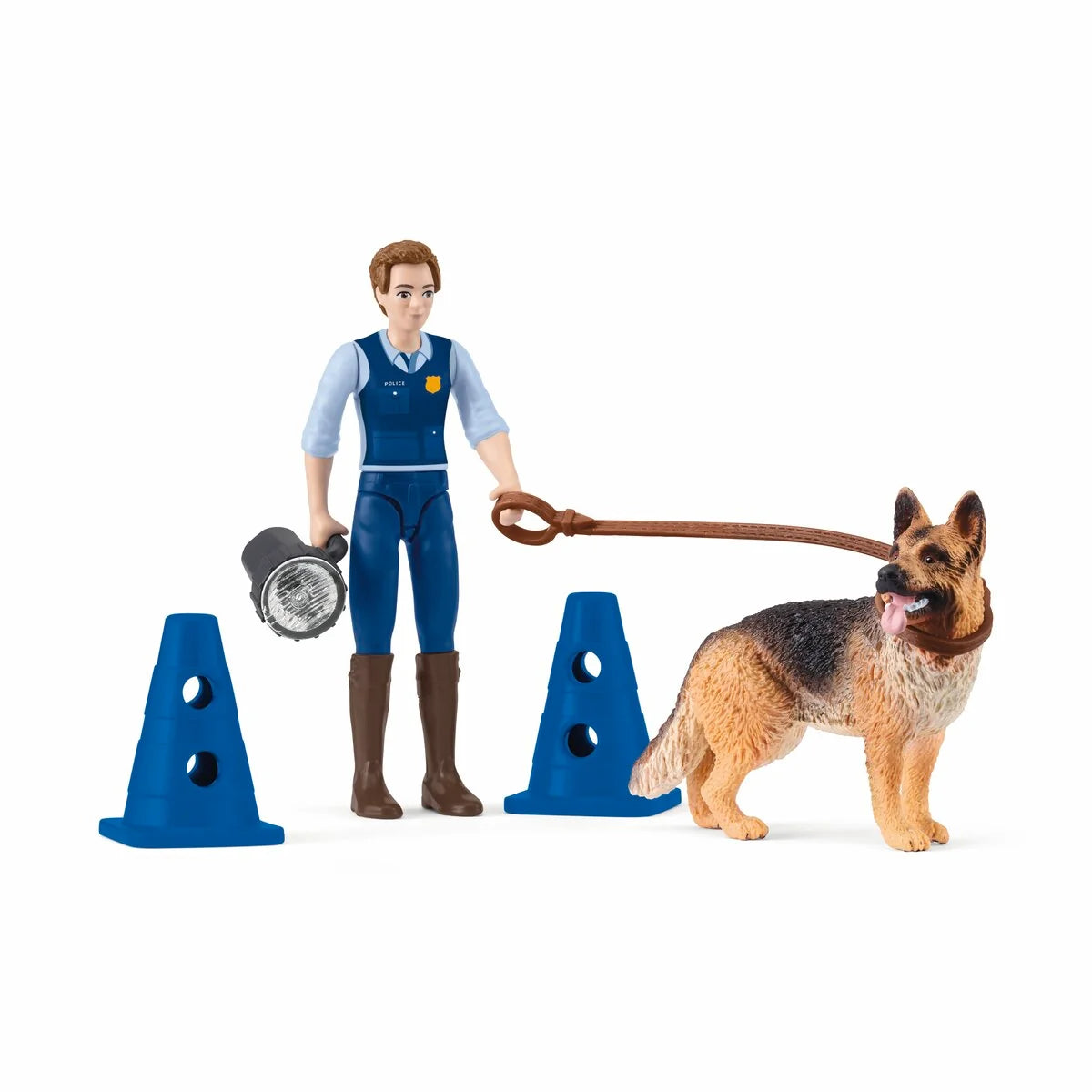 Schleich Polisinsats POCKET SET med polisfigur, schäfer, koppel, ficklampa och avspärrningskoner.