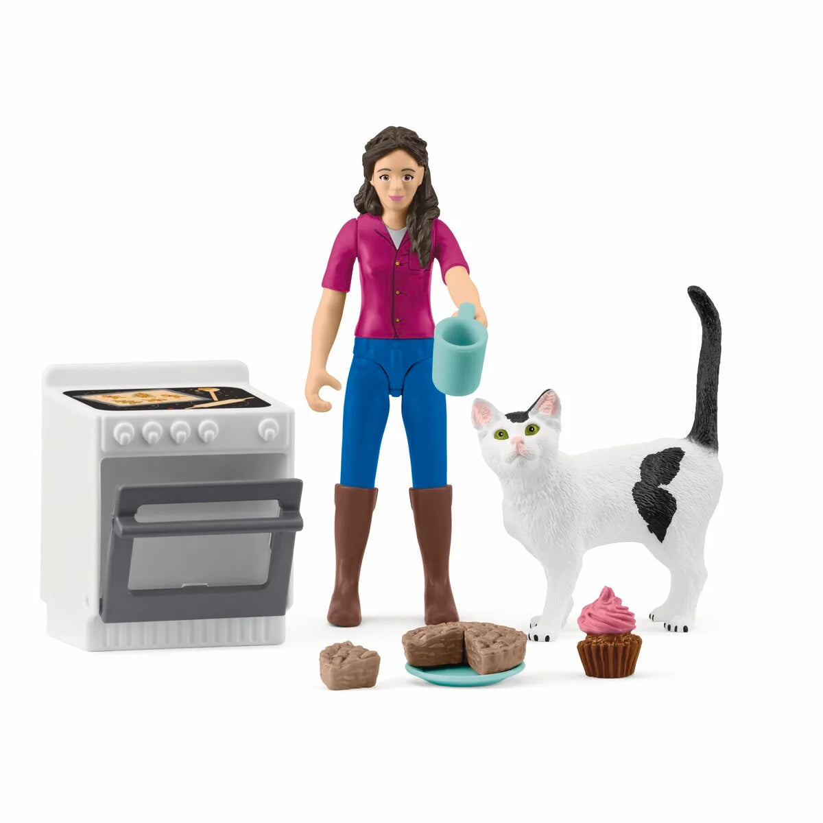 Schleich Bakeftermiddag POCKET SET med fru Kramer, katt, ugn, äppelkaka, cupcake och kökstillbehör från FARM WORLD.