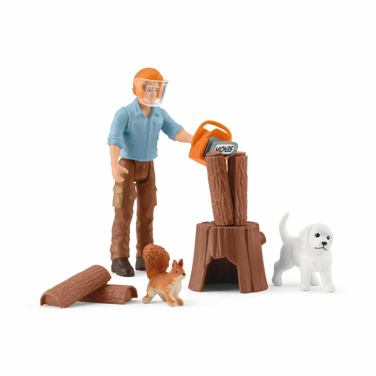 Schleich Skogsarbetare POCKET SET med skogsarbetare, motorsåg, valp, ekorre, vedträn och tillbehör.
