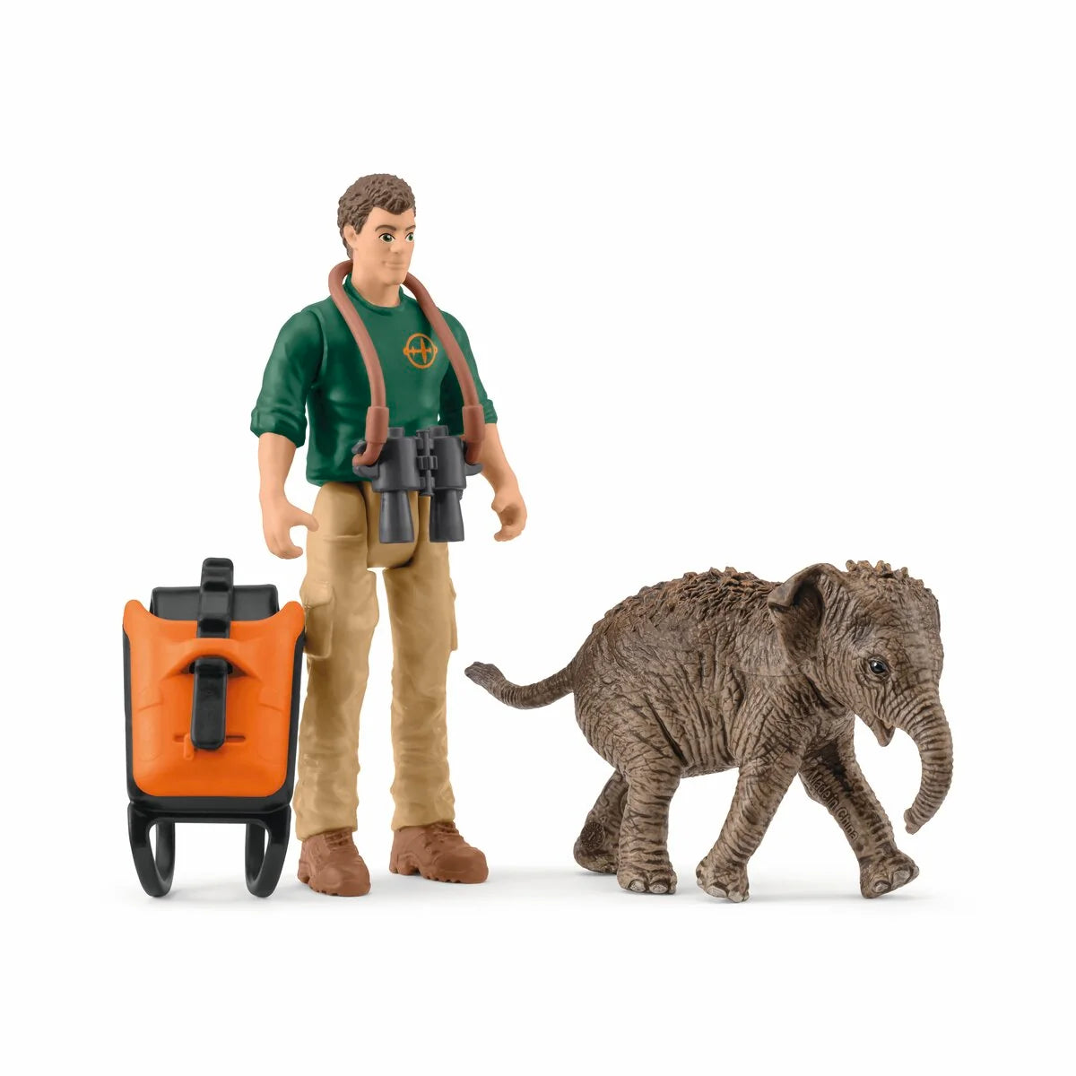 Schleich Forskare på expedition med figuren Flynn, asiatisk elefantkalv, ryggsäck och kikare från WILD LIFE POCKET SET.