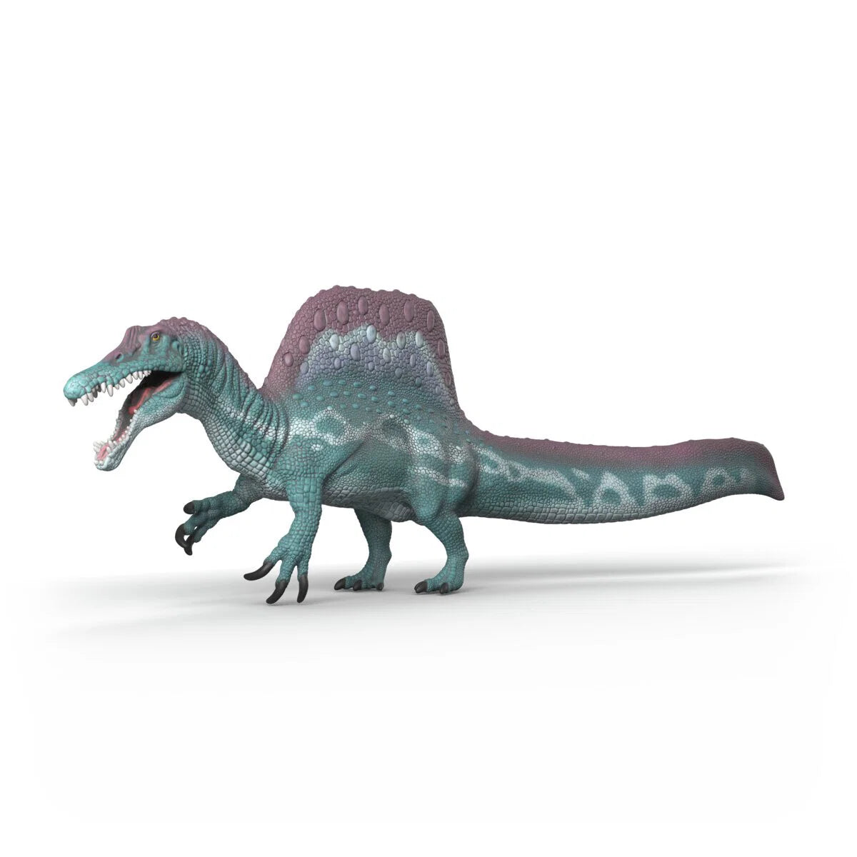 Schleich Spinosaurus figur med stort ryggsegel och mörkgrön hud, realistisk modell av köttätande dinosaurie.