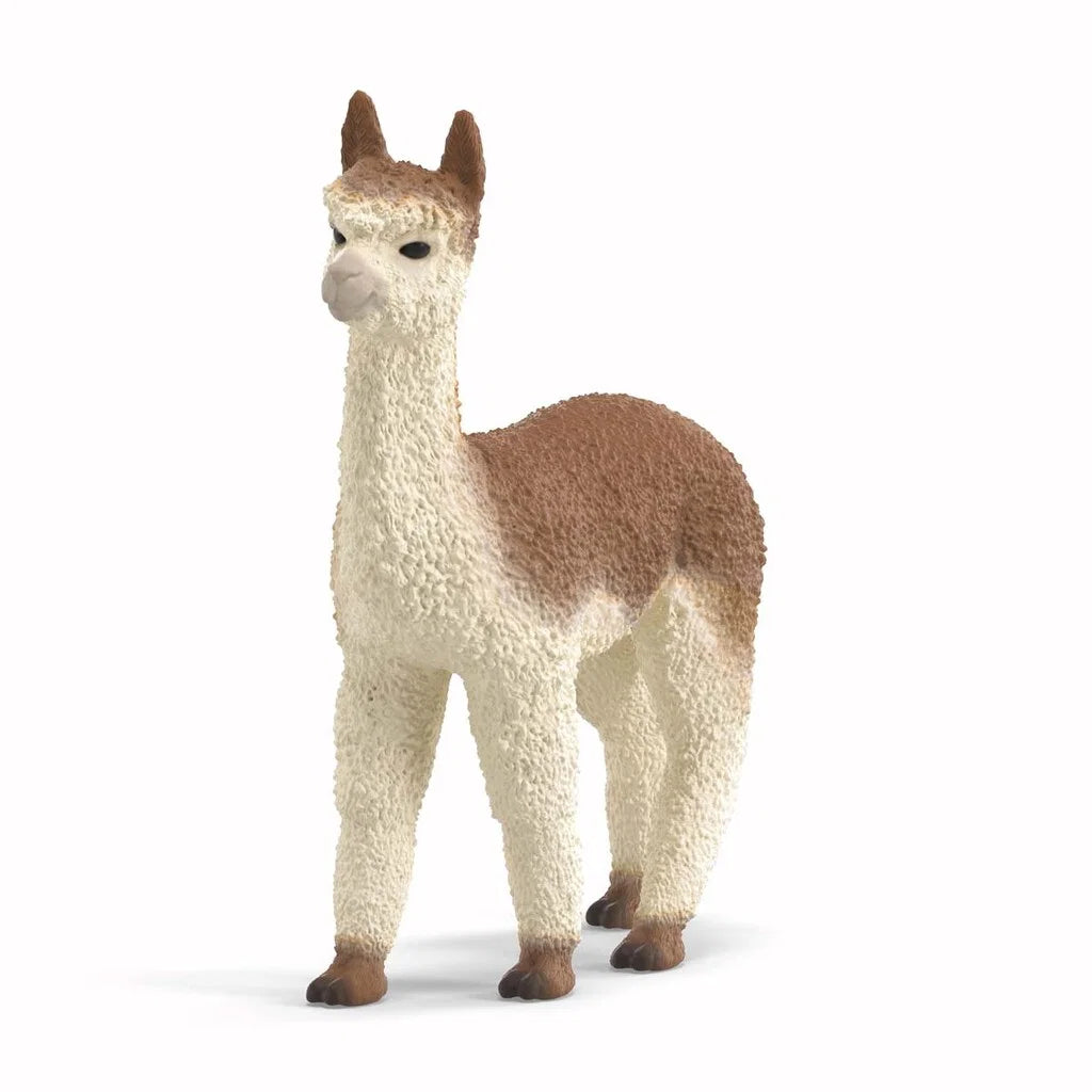 Schleich alpacka figur med tjock ull och lång hals, realistisk modell av alpacka på bondgård.
