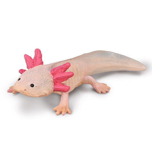 "CollectA handmålad axolotlfigur i rosa med magenta gälar och detaljerad hudstruktur"