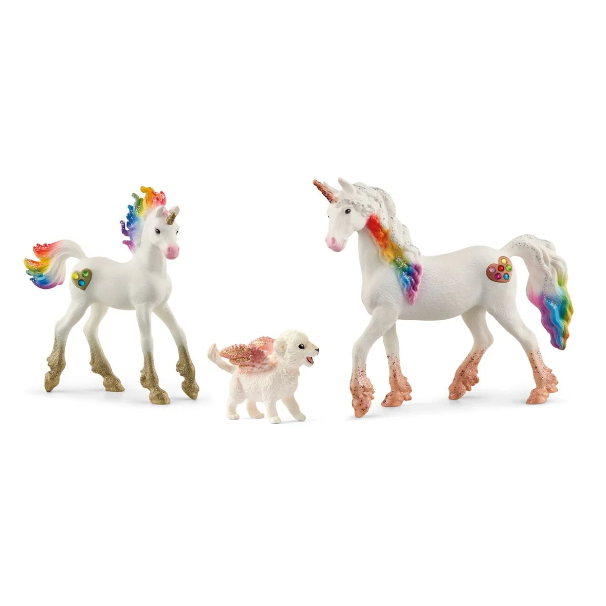 Schleich Magiska Vänner – BAYALA®-set med regnbågsenhörning, enhörningsföl och bevingat lejon med glittrande vingar.