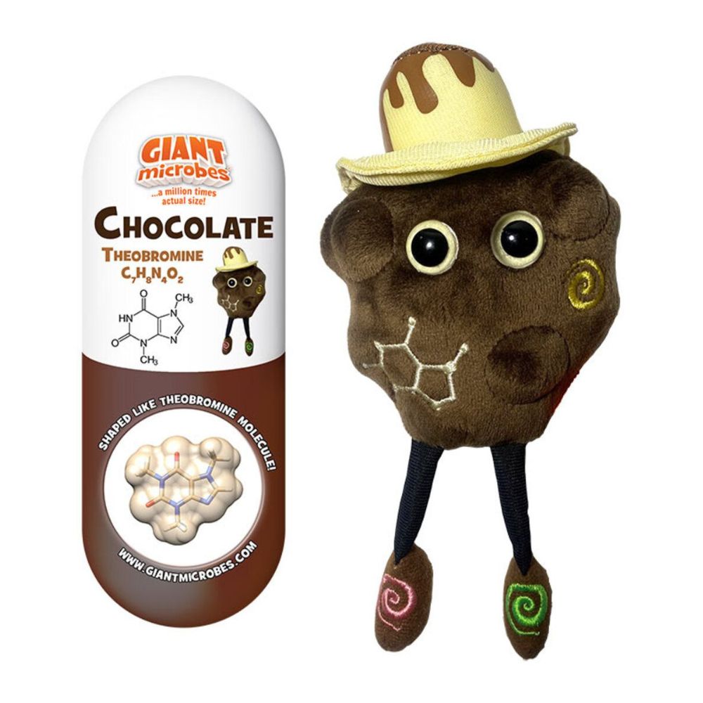 GIANTmicrobes choklad plyschfigur inspirerad av theobrominmolekylen med brun mjuk design och faktakort om chokladens vetenskap.