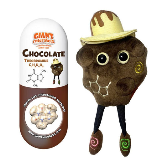GIANTmicrobes choklad plyschfigur inspirerad av theobrominmolekylen med brun mjuk design och faktakort om chokladens vetenskap.