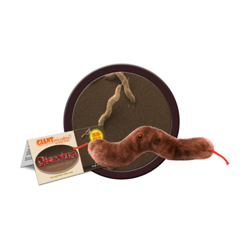 GIANTmicrobes diarré plyschfigur inspirerad av Campylobacter jejuni, mjuk och humoristisk modell av magbakterie.