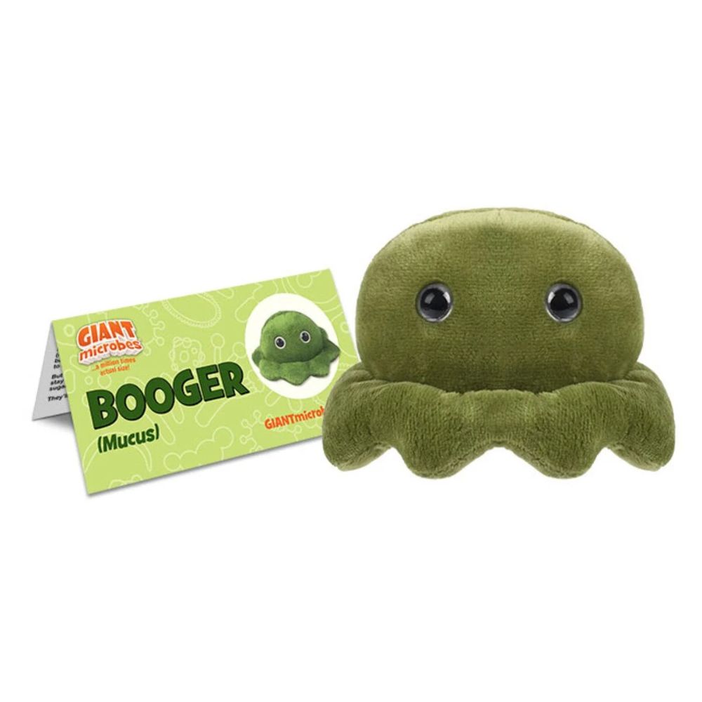 GIANTmicrobes snorkråka plyschfigur i snotgrön färg som representerar nässlem och kroppens immunförsvar.
