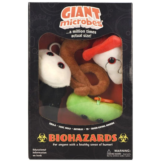 GIANTmicrobes Biohazards plyschbox med fem färgglada mikrobgosedjur inklusive Ebola, Anthrax och TB med karbinhakar.
