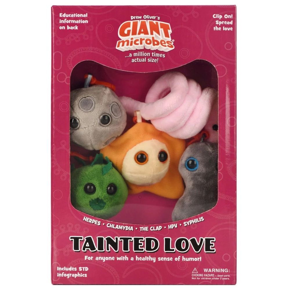 GIANTmicrobes Tainted Love presentbox med fem färgglada mikrobgosedjur som representerar herpes, klamydia, gonorré, HPV och syfilis.
