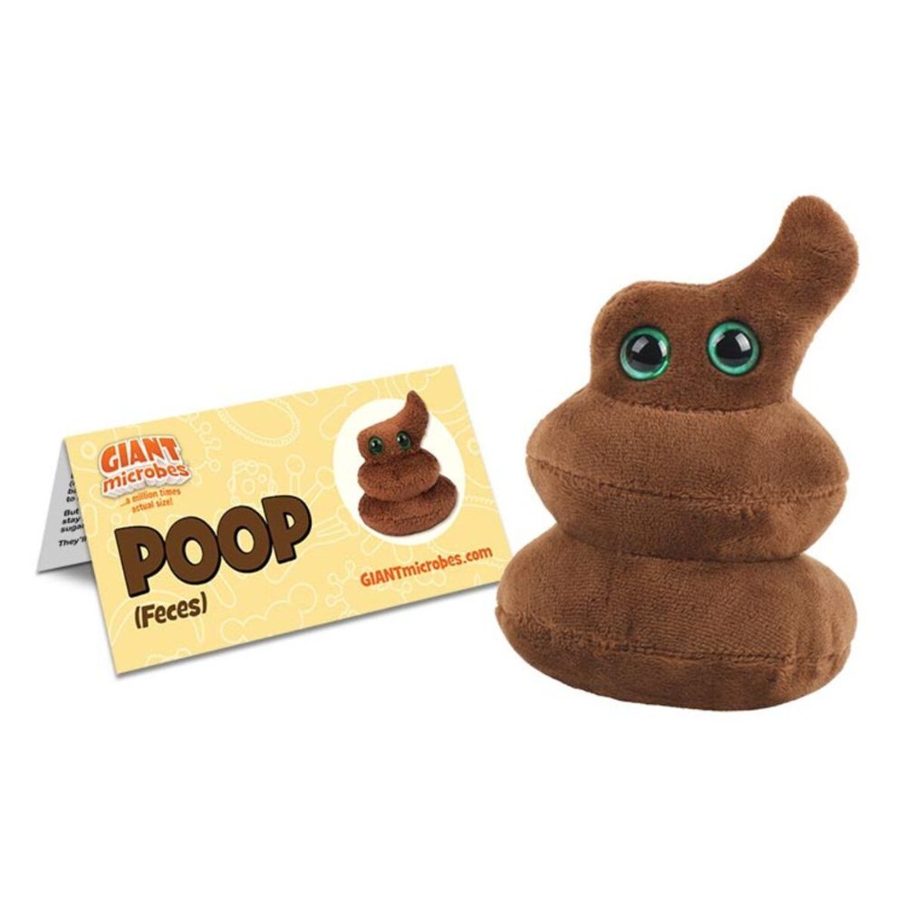 GIANTmicrobes bajskorv plyschfigur som representerar avföring och tarmens mikrobiom, mjuk humoristisk vetenskapsfigur.