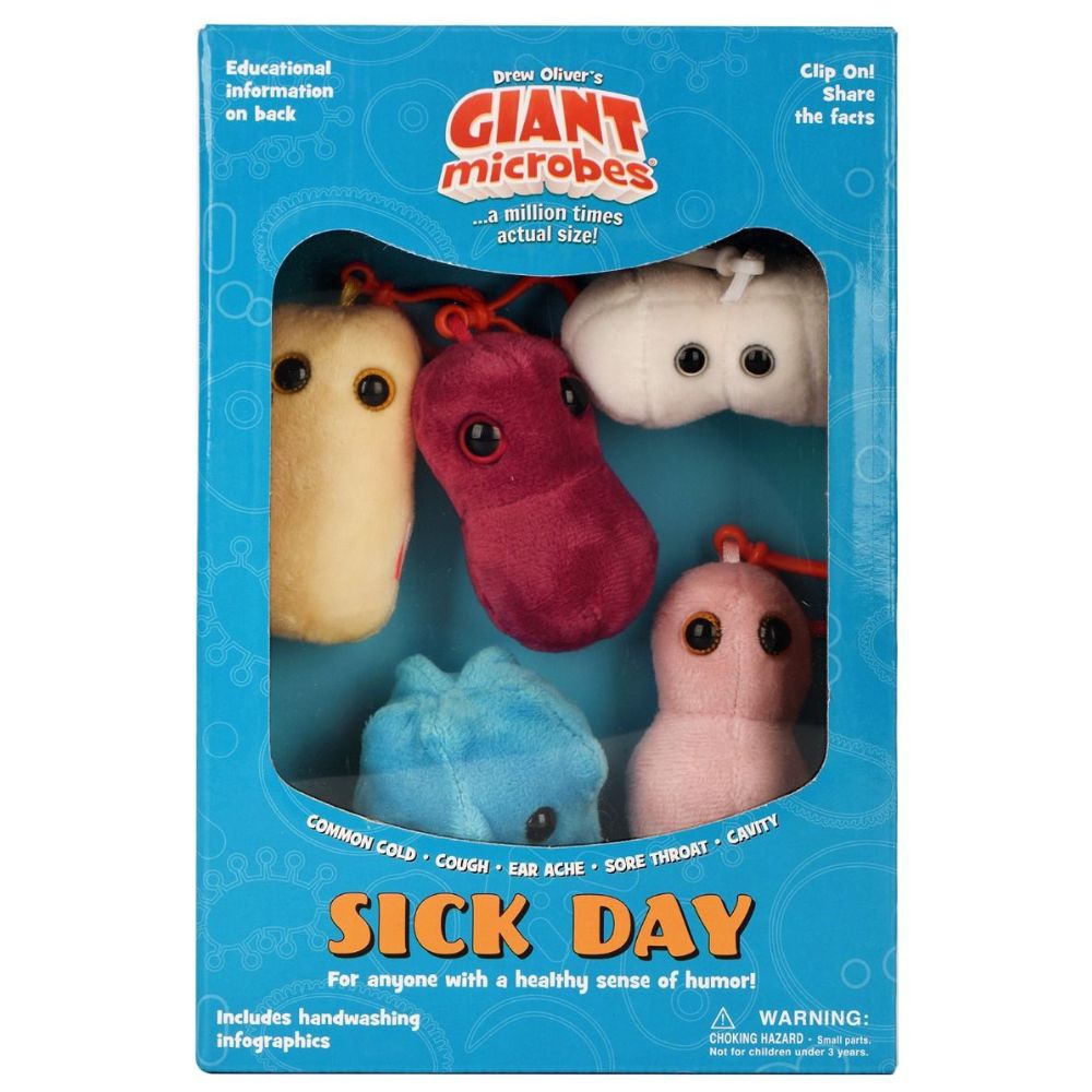 GIANTmicrobes Sick Day presentbox med fem färgglada mikrobgosedjur som representerar förkylning, hosta, öronvärk, halsont och karies.