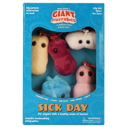 GIANTmicrobes Sick Day presentbox med fem färgglada mikrobgosedjur som representerar förkylning, hosta, öronvärk, halsont och karies.