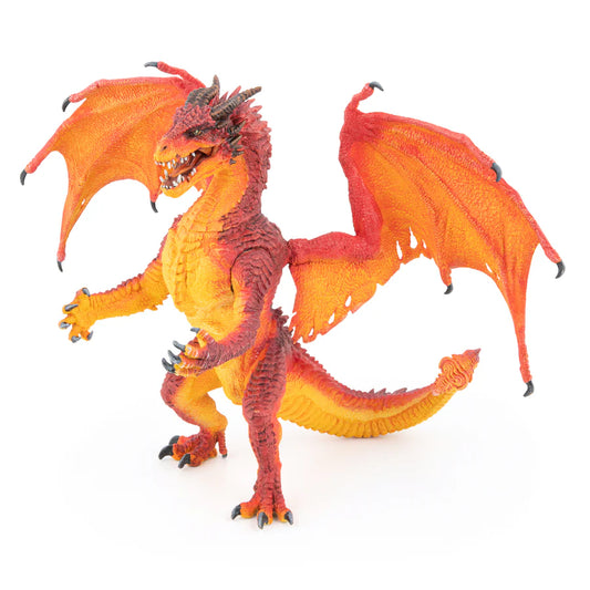 Papo Dragon King Fire figur med utbredda vingar och öppen käke, detaljrik röd elddrake.