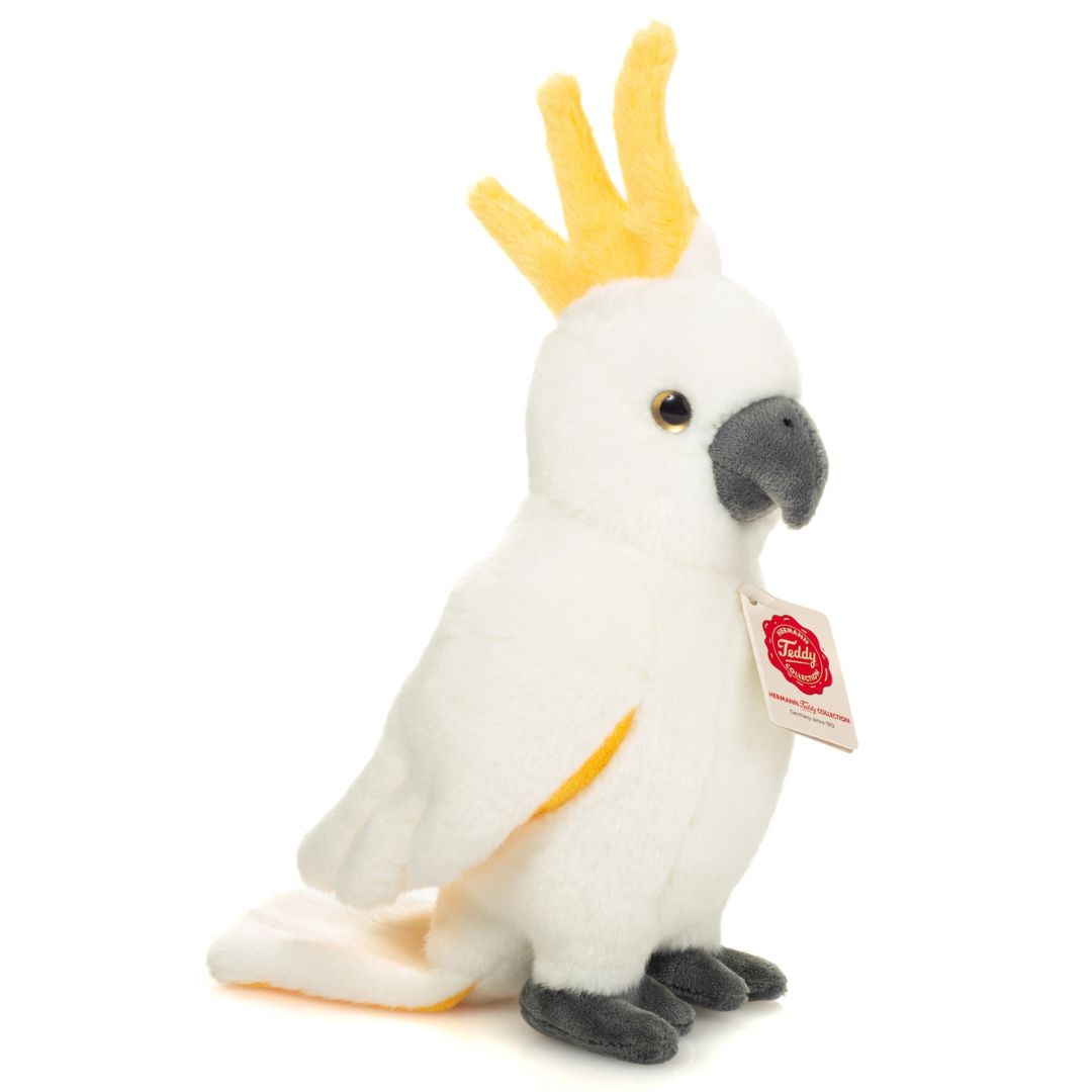 ”Hermann Teddy kakadua – mjukt 28 cm gosedjur med naturtrogna detaljer och vit plysch.”