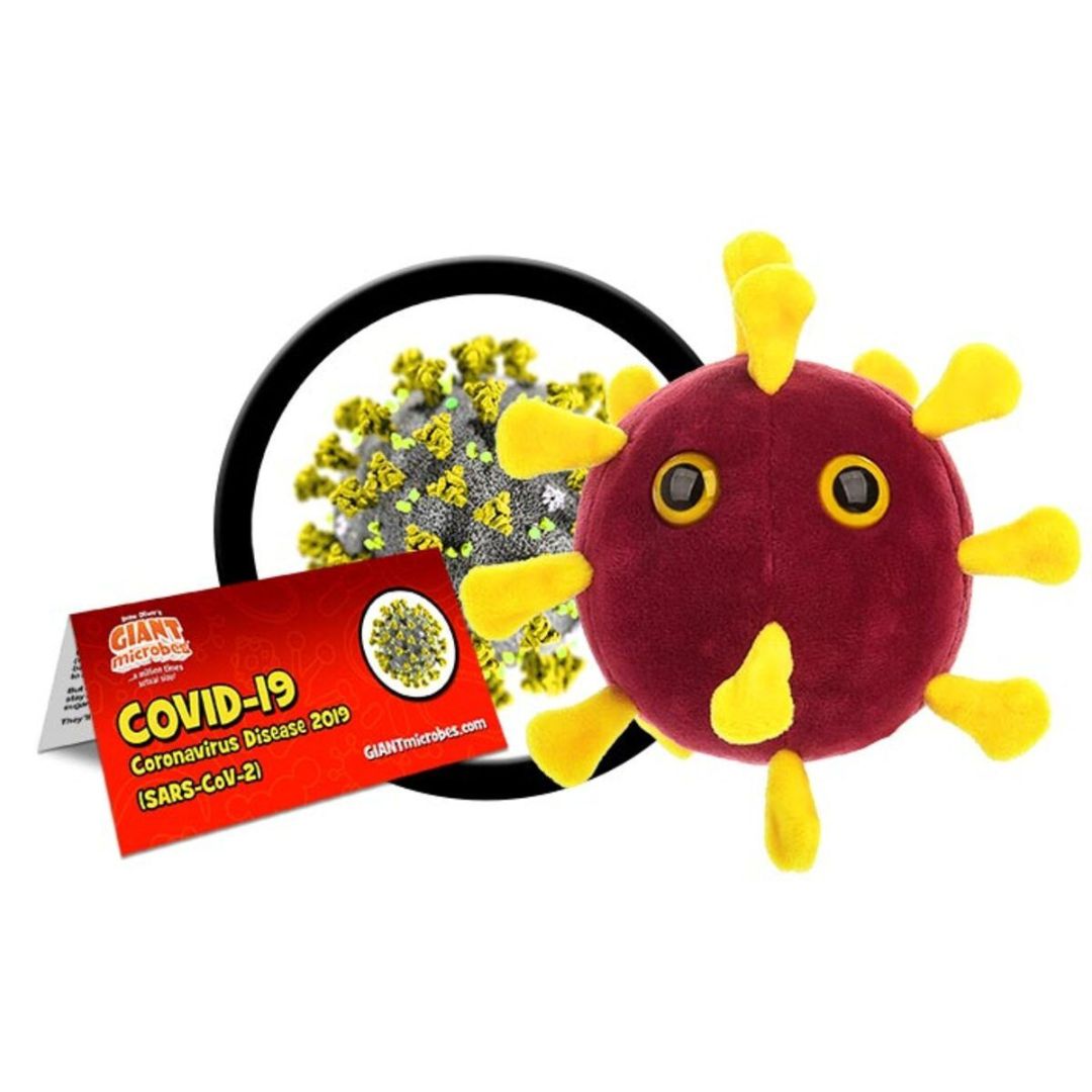 GIANTmicrobes coronavirus plysch med röda spikar, modell av COVID-19 viruset SARS-CoV-2.